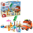 LEGO Bluey's Beach & Family Car Trip set 11202 featuring an orange camper van, blue Bluey minifigure, sandy beach scene with palm tree, pink umbrella, sandcastle, surfboard, and 133 pieces for ages 4 and up