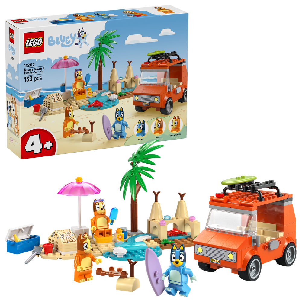 LEGO Bluey's Beach & Family Car Trip set 11202 featuring an orange camper van, blue Bluey minifigure, sandy beach scene with palm tree, pink umbrella, sandcastle, surfboard, and 133 pieces for ages 4 and up