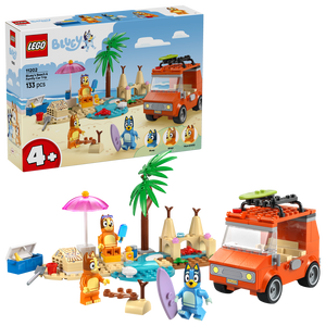 LEGO Bluey's Beach & Family Car Trip set 11202 featuring an orange camper van, blue Bluey minifigure, sandy beach scene with palm tree, pink umbrella, sandcastle, surfboard, and 133 pieces for ages 4 and up