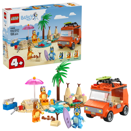 LEGO Bluey's Beach & Family Car Trip set 11202 featuring an orange camper van, blue Bluey minifigure, sandy beach scene with palm tree, pink umbrella, sandcastle, surfboard, and 133 pieces for ages 4 and up