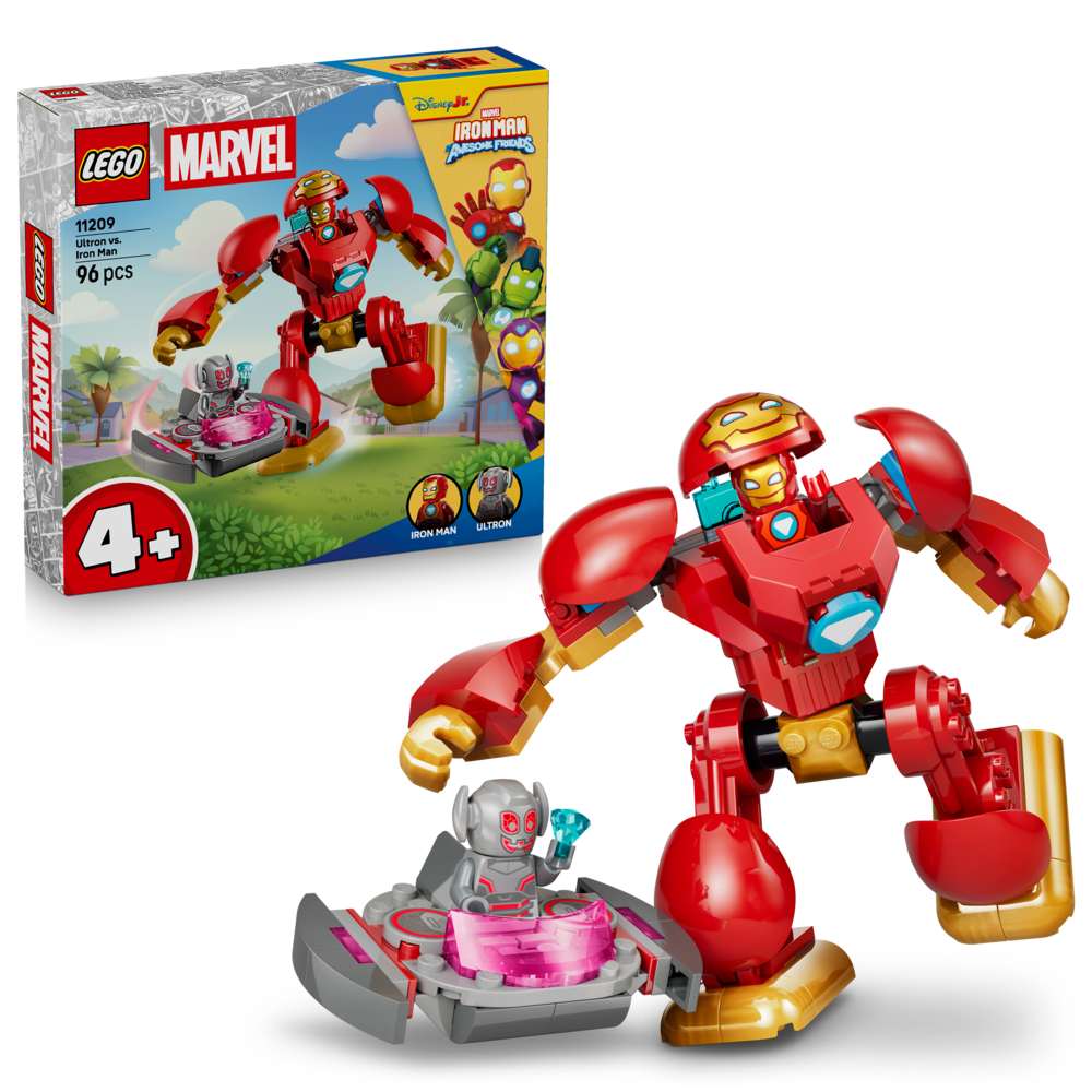 LEGO Disney Junior Marvel Ultron vs. Iron Man 11209 - shown with its product box. 96 pieces. Ages 4+.