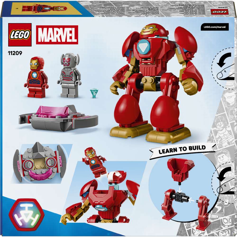 LEGO Disney Junior Marvel Ultron vs. Iron Man 11209 - the back of the box showing play features and box contents. 96 pieces. Ages 4+.