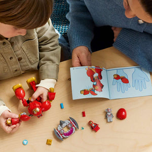 LEGO Disney Junior Marvel Ultron vs. Iron Man 11209 - a child building the set. 96 pieces. Ages 4+.