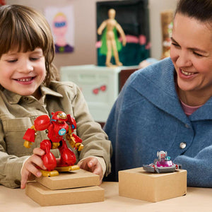 LEGO Disney Junior Marvel Ultron vs. Iron Man 11209 - a child playing with the finished build. 96 pieces. Ages 4+.