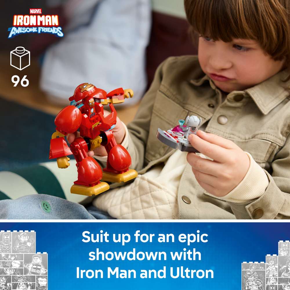 LEGO Disney Junior Marvel Ultron vs. Iron Man 11209 - captioned product view. 96 pieces. Ages 4+.