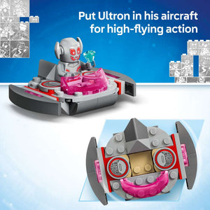 LEGO Disney Junior Marvel Ultron vs. Iron Man 11209 - captioned product view. 96 pieces. Ages 4+.