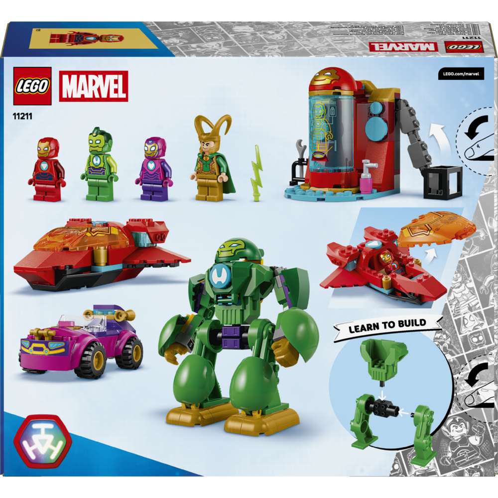 LEGO Disney Junior Marvel Loki vs. Team Iron Man 11211 - the back of the box showing play features and box contents. 204 pieces. Ages 4+.