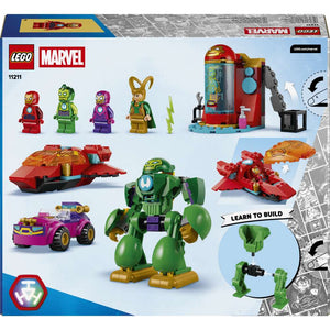 LEGO Disney Junior Marvel Loki vs. Team Iron Man 11211 - the back of the box showing play features and box contents. 204 pieces. Ages 4+.