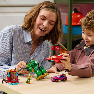 LEGO Disney Junior Marvel Loki vs. Team Iron Man 11211 - a child playing with the finished build. 204 pieces. Ages 4+.