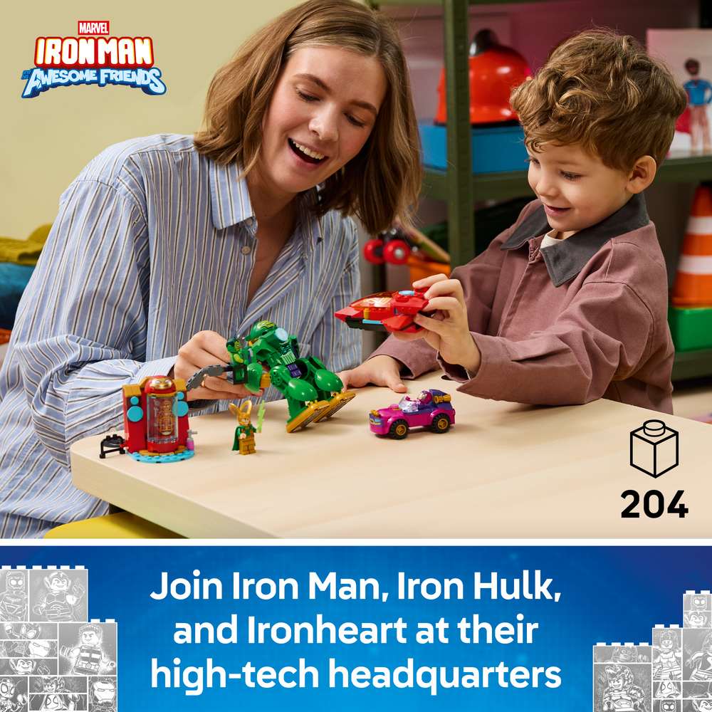 LEGO Disney Junior Marvel Loki vs. Team Iron Man 11211 - captioned product view. 204 pieces. Ages 4+.