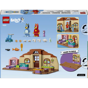 LEGO Bluey School with Rusty and Bluey 11221 - the back of the box showing play features and box contents. 106 pieces. Ages 4+.