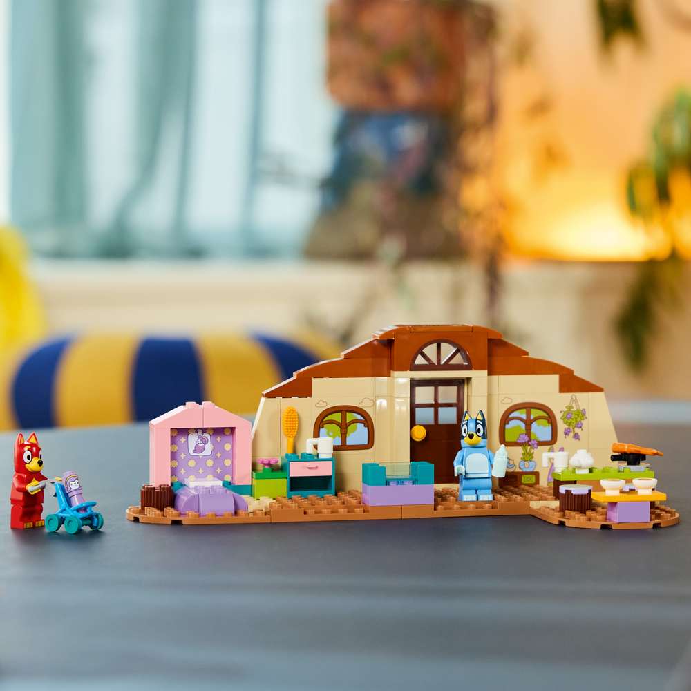 LEGO Bluey School with Rusty and Bluey 11221 - the finished build shown in a home setting. 106 pieces. Ages 4+.