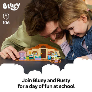 LEGO Bluey School with Rusty and Bluey 11221 - captioned product view. 106 pieces. Ages 4+.