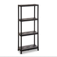 Black plastic 4-tier shelving unit with sturdy frame and adjustable shelves, ideal for storage and organization