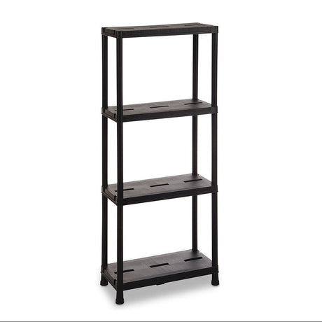 Black plastic 4-tier shelving unit with sturdy frame and adjustable shelves, ideal for storage and organization