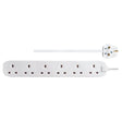 White 6 socket extension lead with 2 metre cable and UK 3-pin plug by Masterplug, featuring brown socket outlets and power switch on rounded rectangular base