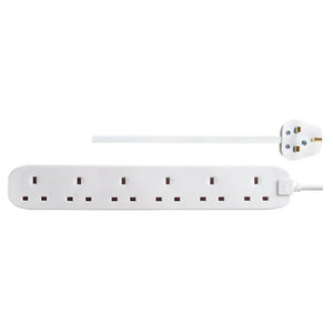 White 6 socket extension lead with 2 metre cable and UK 3-pin plug by Masterplug, featuring brown socket outlets and power switch on rounded rectangular base