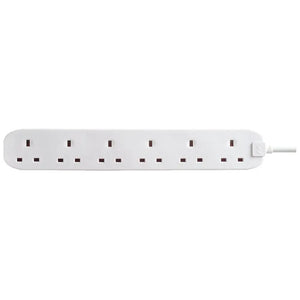 White Masterplug 6 socket extension lead with 2 metre cable, showing rounded rectangular power strip with black outlet sockets and white power cord