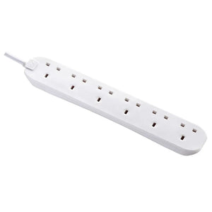 White Masterplug 6 socket extension lead with 2 metre cable, showing multiple rectangular power outlets arranged in two rows on the plastic housing