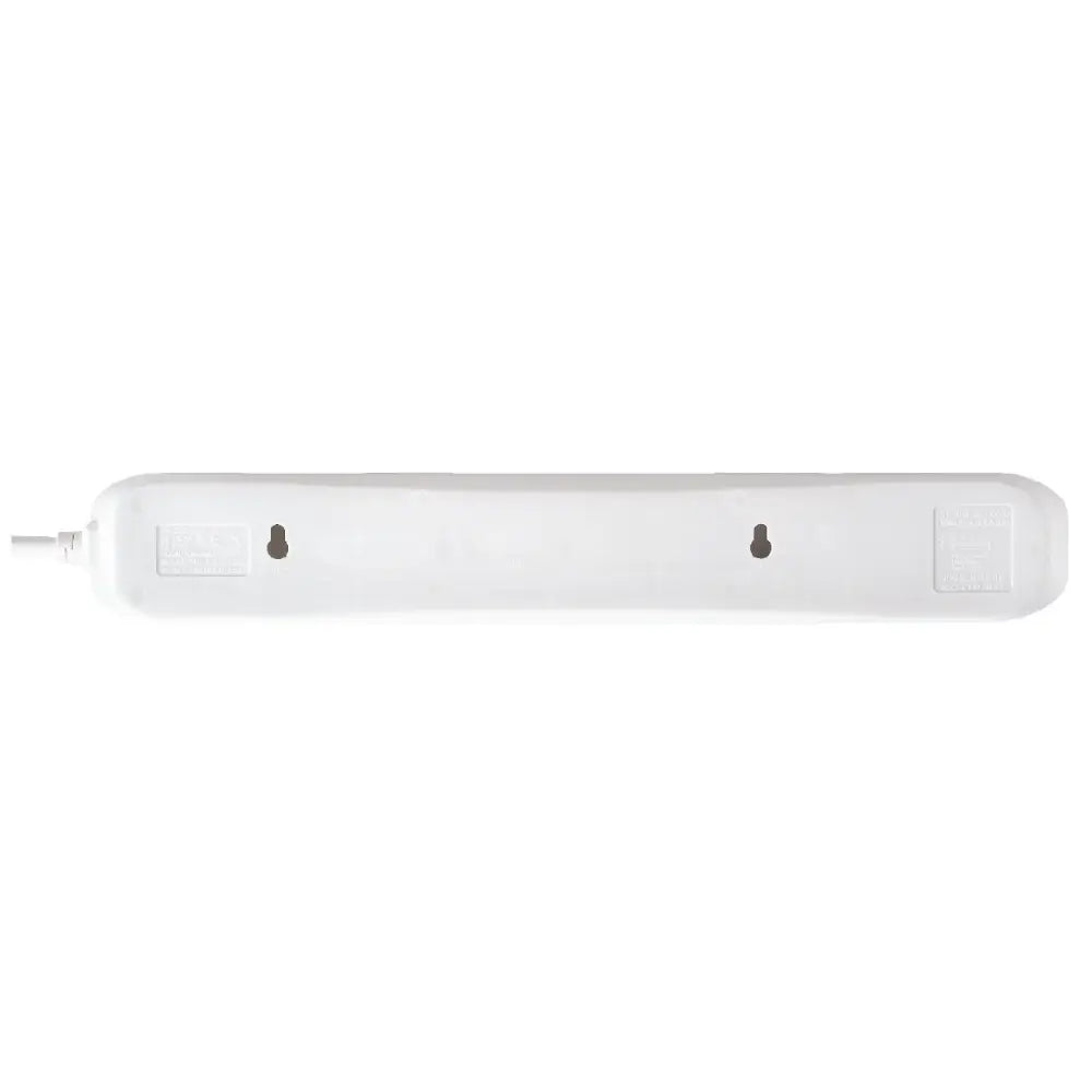 White plastic 6 socket extension lead with 2 metre cable and power switch by Masterplug, shown from above against white background