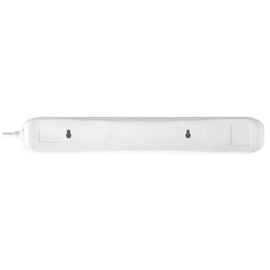 White plastic 6 socket extension lead with 2 metre cable and power switch by Masterplug, shown from above against white background