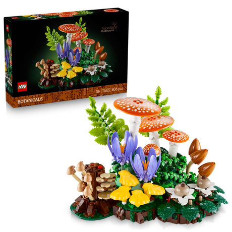 LEGO Botanicals Woodland Mushrooms 11505 - shown with its product box. 806 pieces. Ages 18+.