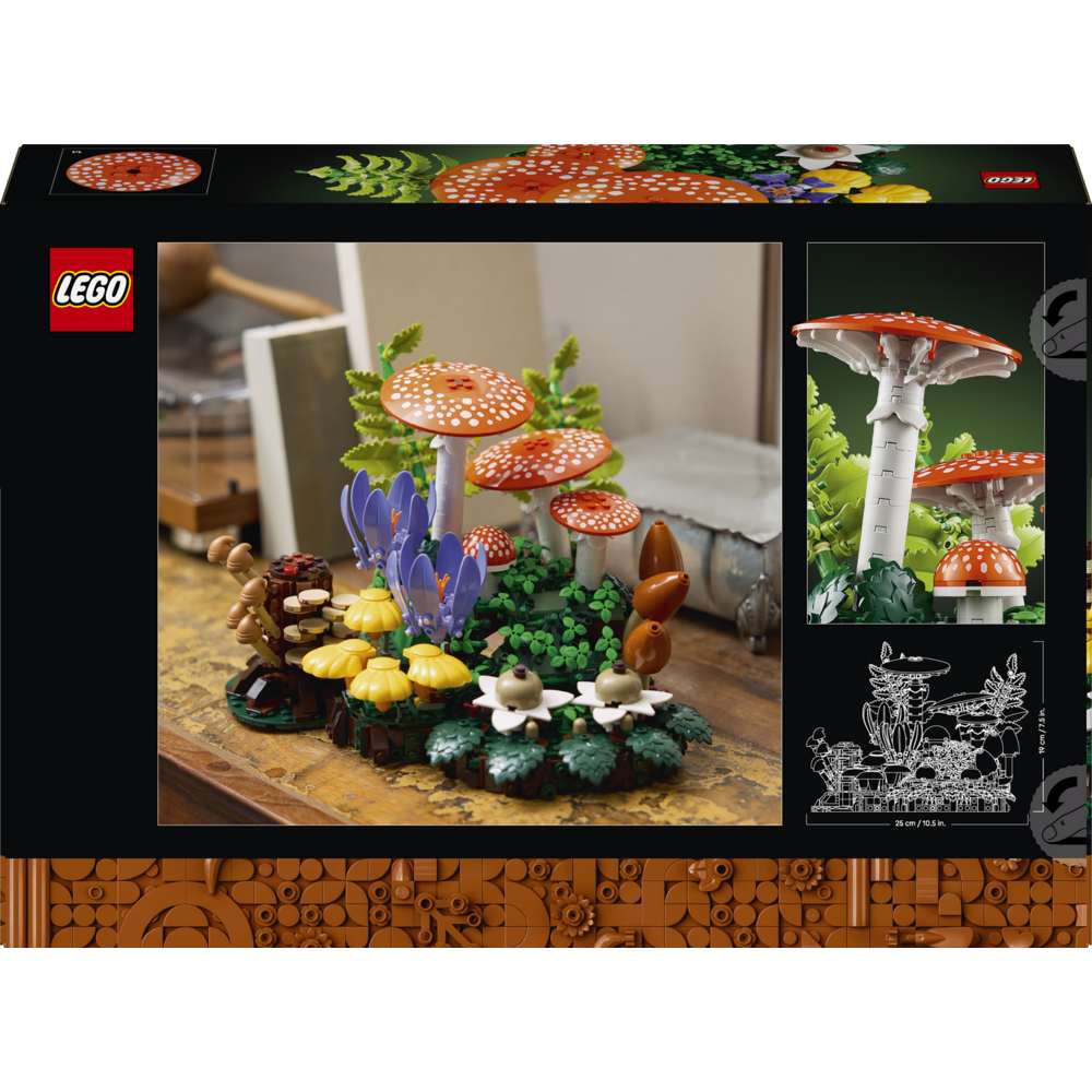LEGO Botanicals Woodland Mushrooms 11505 - the back of the box showing play features and box contents. 806 pieces. Ages 18+.