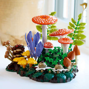LEGO Botanicals Woodland Mushrooms 11505 - the finished build shown in a home setting. 806 pieces. Ages 18+.