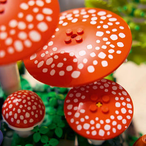 LEGO Botanicals Woodland Mushrooms 11505 - close-up detail of the finished build. 806 pieces. Ages 18+.