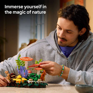 LEGO Botanicals Woodland Mushrooms 11505 - captioned product view. 806 pieces. Ages 18+.