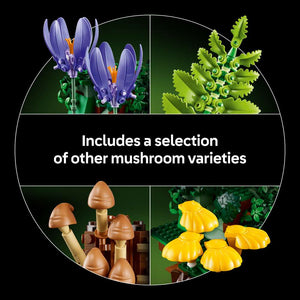 LEGO Botanicals Woodland Mushrooms 11505 - captioned product view. 806 pieces. Ages 18+.