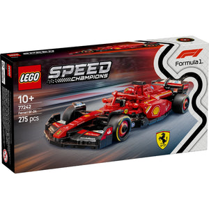LEGO Speed Champions Ferrari SF-24 Formula 1 race car set 77242 with 275 pieces showing red and blue detailed F1 vehicle model on black and grey box packaging with Ferrari logo