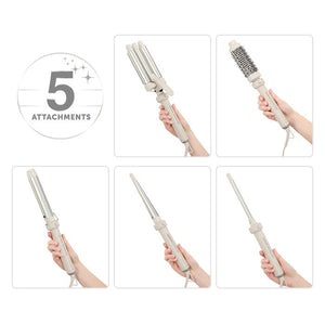 Remington Trendology 5-in-1 hair curler in stone beige showing five interchangeable barrel attachments of varying sizes displayed in hand with product held at different angles