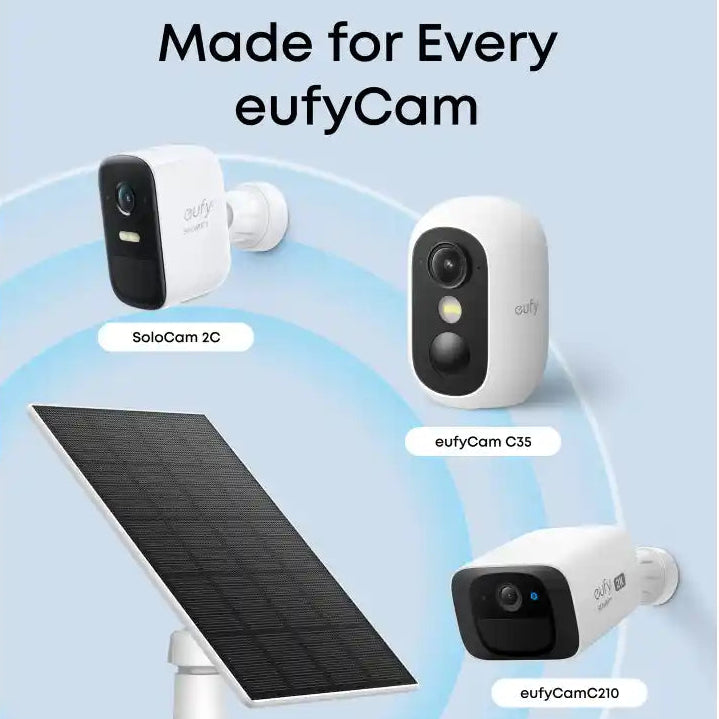 eufyCam security camera system with solar panel on a light blue background