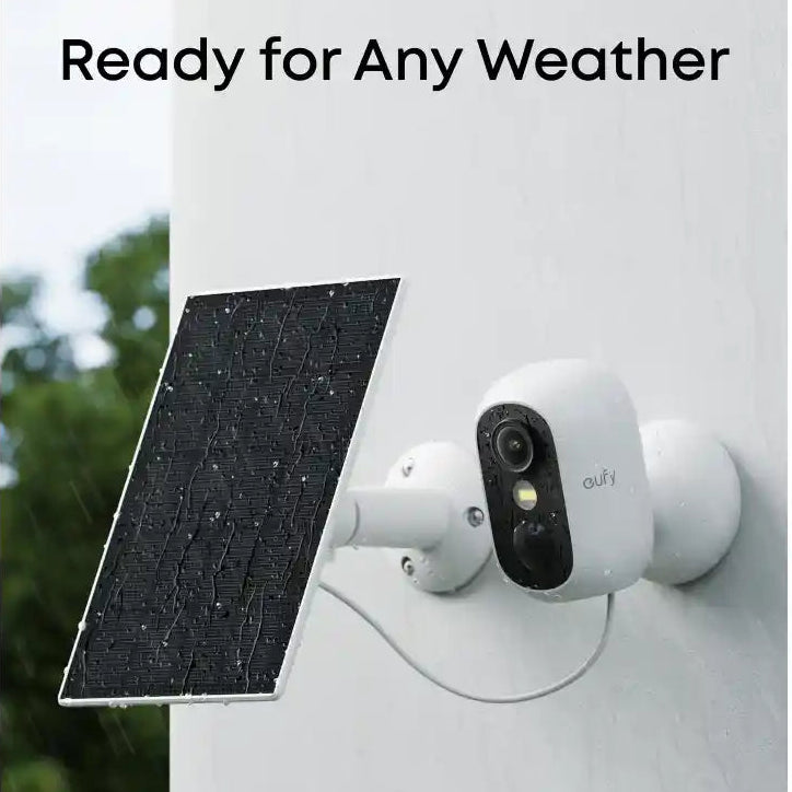 Outdoor security camera with solar panel on a wall, text 'Ready for Any Weather'.