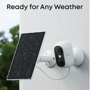 Outdoor security camera with solar panel on a wall, text 'Ready for Any Weather'.