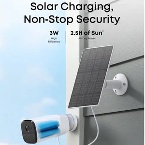 Solar-powered security camera system with text highlighting solar charging capabilities.