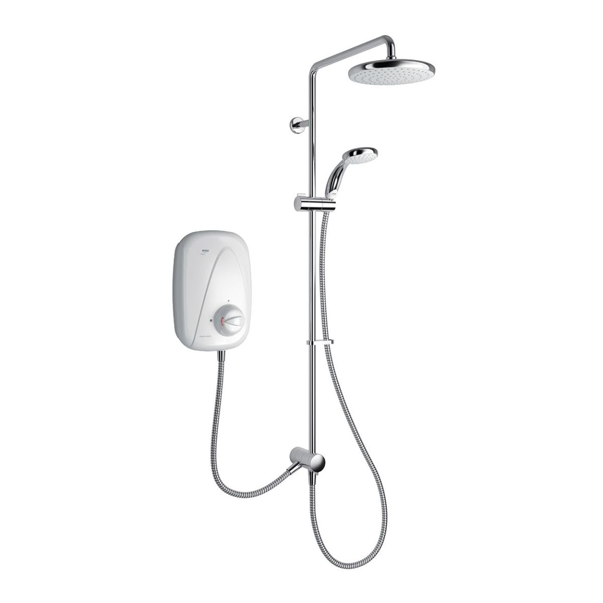 Shower system with control panel and showerhead on a white background