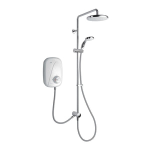 Shower system with control panel and showerhead on a white background