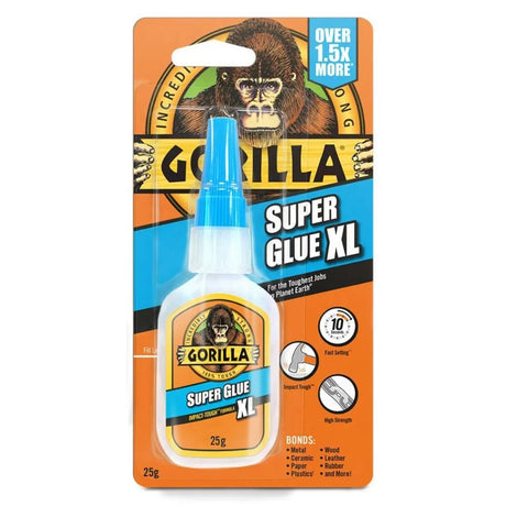 Gorilla Super Glue XL 25g bottle with blue cap on orange and black packaging featuring gorilla logo, displaying fast setting and high strength adhesive for metal wood ceramic and plastics