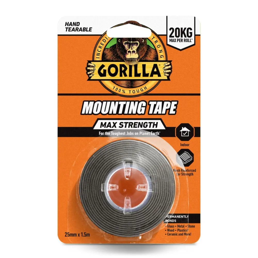 Gorilla Max Strength black indoor mounting tape roll 25mm x 1.5m on orange packaging with gorilla logo and product specifications including 20kg max hold capacity