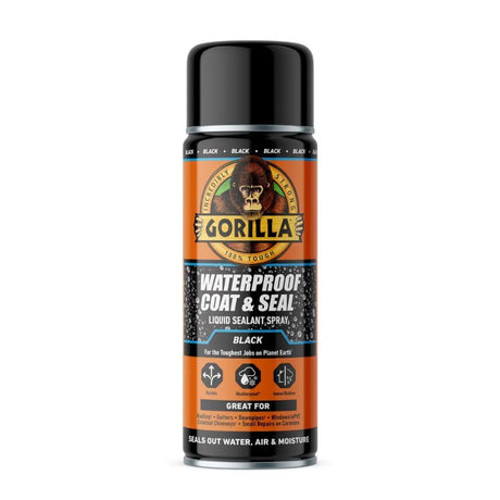 Gorilla Waterproof Coat and Seal black liquid sealant spray can 450ml with orange and black label featuring gorilla branding and product information