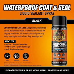 Gorilla Waterproof Coat and Seal black liquid sealant spray 450ml canister displayed against orange product information background showing application areas including roofing gutters downpipes windows and caravans with flexible weatherproof and indoor outdoor use icons