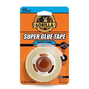 Gorilla Super Glue Tape Double-Sided packaging with orange background, showing clear adhesive tape roll with brown dispenser, 6.1m x 15.8mm, hand tearable, quick fix formula