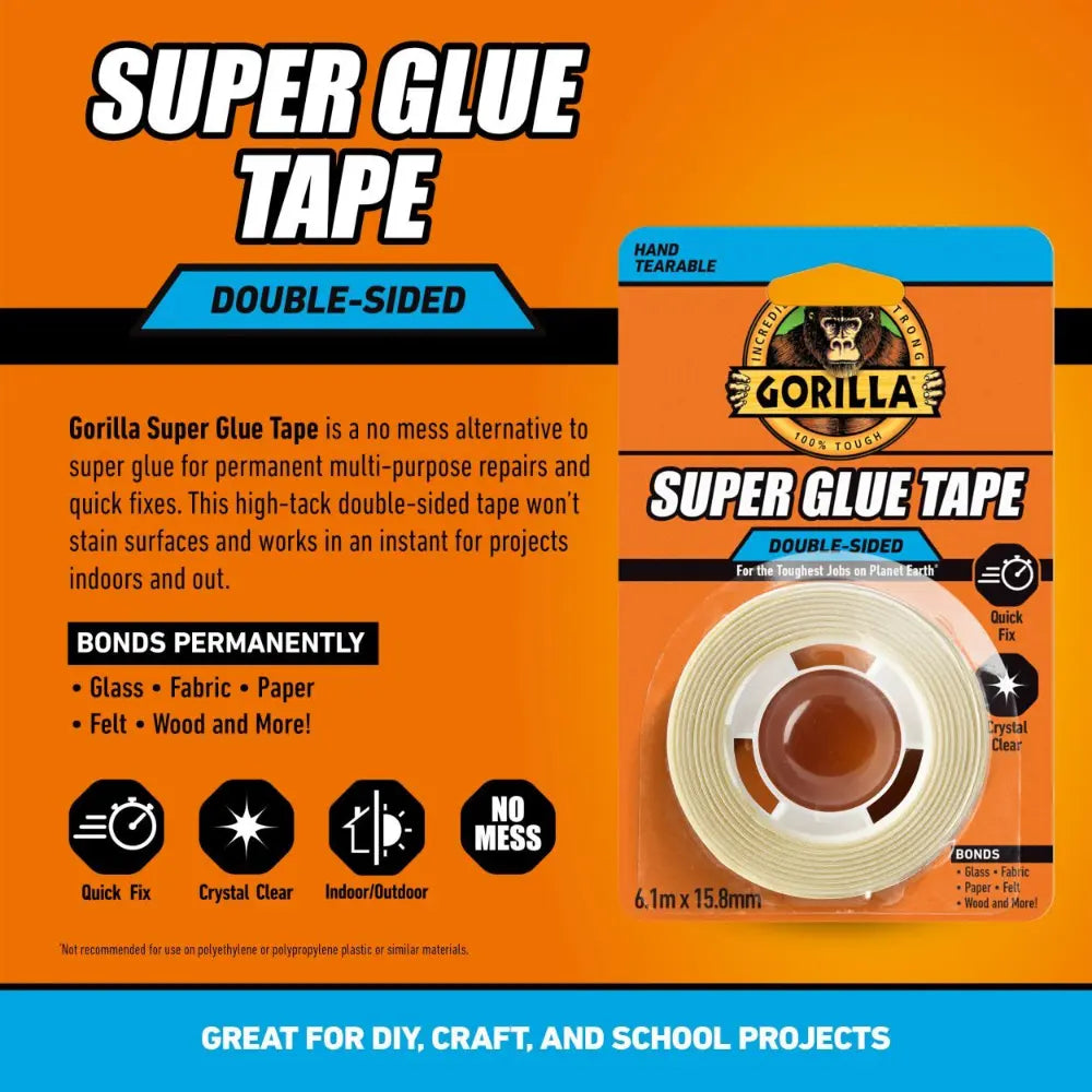Gorilla Super Glue Tape double-sided product packaging and roll on orange background showing crystal clear adhesive tape 6.1m x 15.8mm with hand tearable feature and quick fix capability for DIY craft and school projects