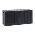Large black plastic garden storage box with wood-grain textured lid, vertical ribbed design on sides, metal handles and drainage holes, 270 litre capacity outdoor storage container