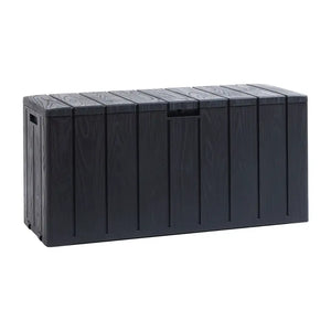 Large black plastic garden storage box with wood-grain textured lid, vertical ribbed design on sides, metal handles and drainage holes, 270 litre capacity outdoor storage container