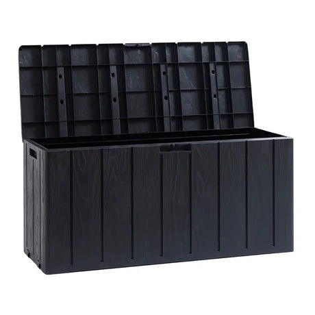 Black plastic garden storage box with hinged lid and vertical ribbed design, Toomax Bravo 270 litre capacity, anthracite colour with handles on sides