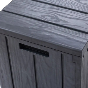 Toomax Bravo anthracite grey garden storage box with wood grain texture finish and lid open showing interior compartment