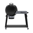 Sahara Forge Host black charcoal BBQ grill with dome lid, grey control panel, black steel frame and wheeled cart base on white background